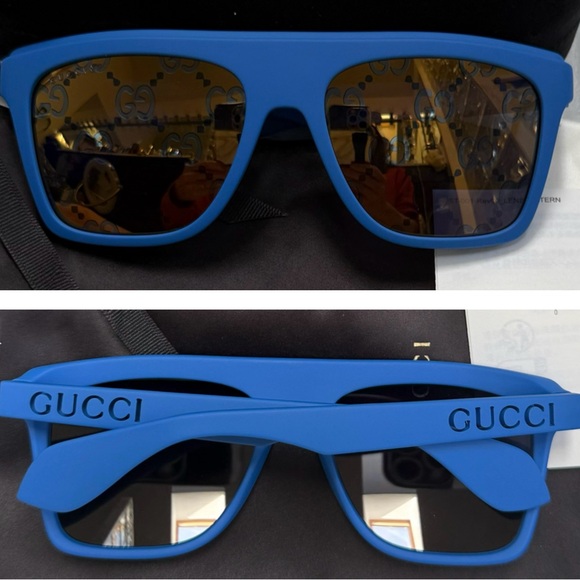 GUCCI MATTE BLUE GREY MIRRORED “GG” MONOGRAM SQUARE SUNGLASSES - Picture 8 of 16